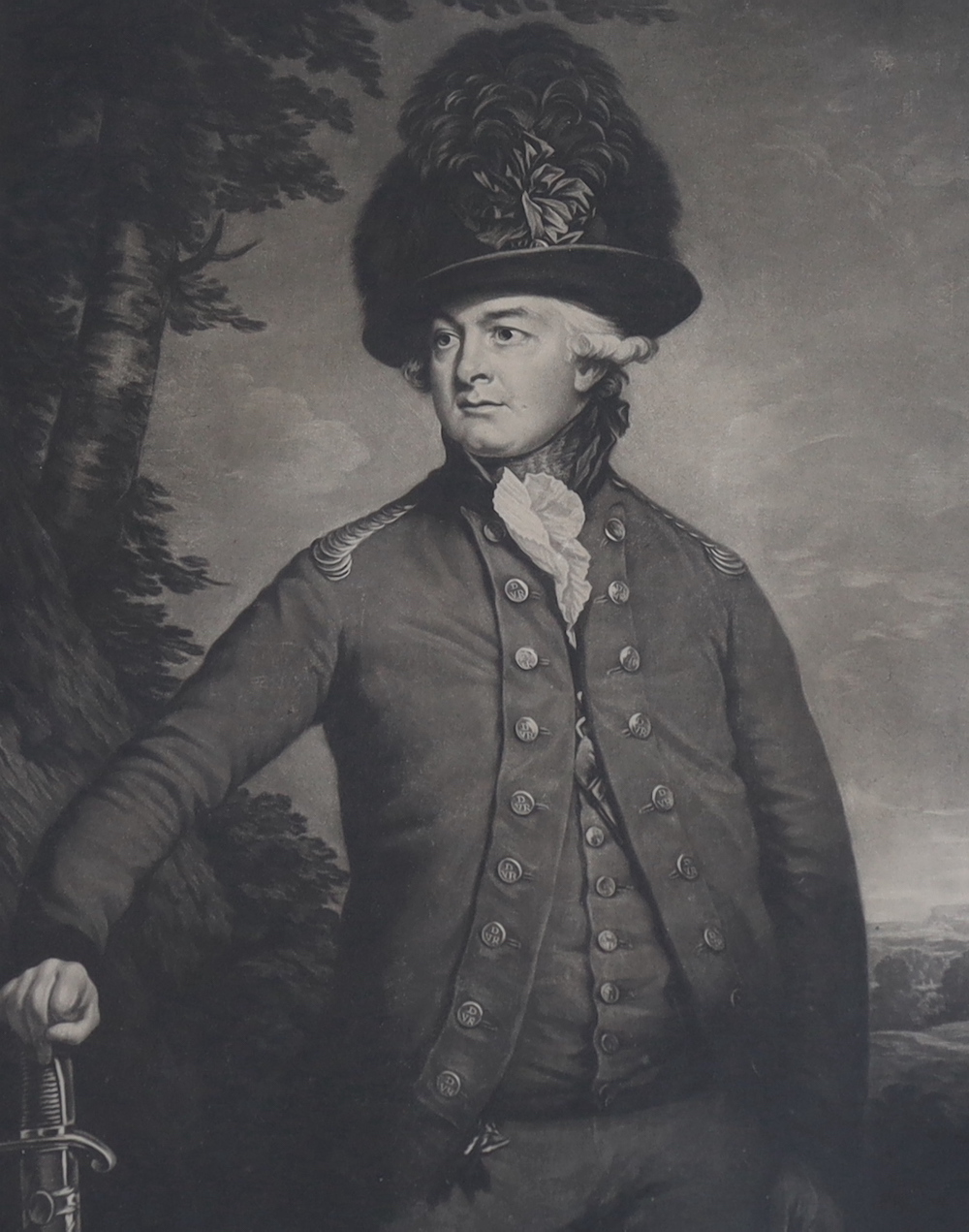 John Jones after Thomas Beach, mezzotint, 'The Right Honourable Lord Viscount Milton, Colonel of the Dorsetshire Volunteer Rangers', published by Beach 1795, visible sheet 51 x 36cm